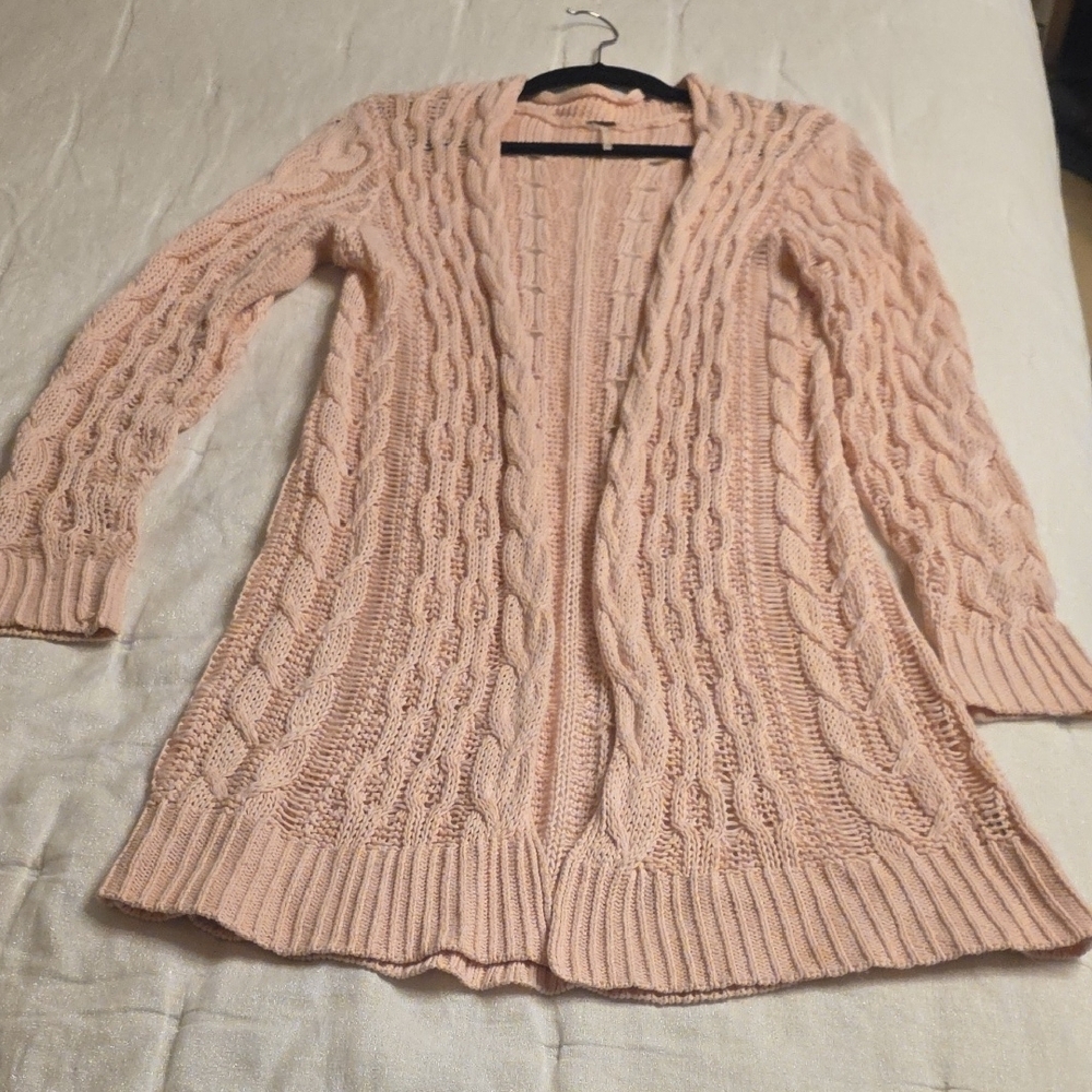 Free People Linen-cotton Pale Pink Open-Front Cable & Lace Knit Cardigan
